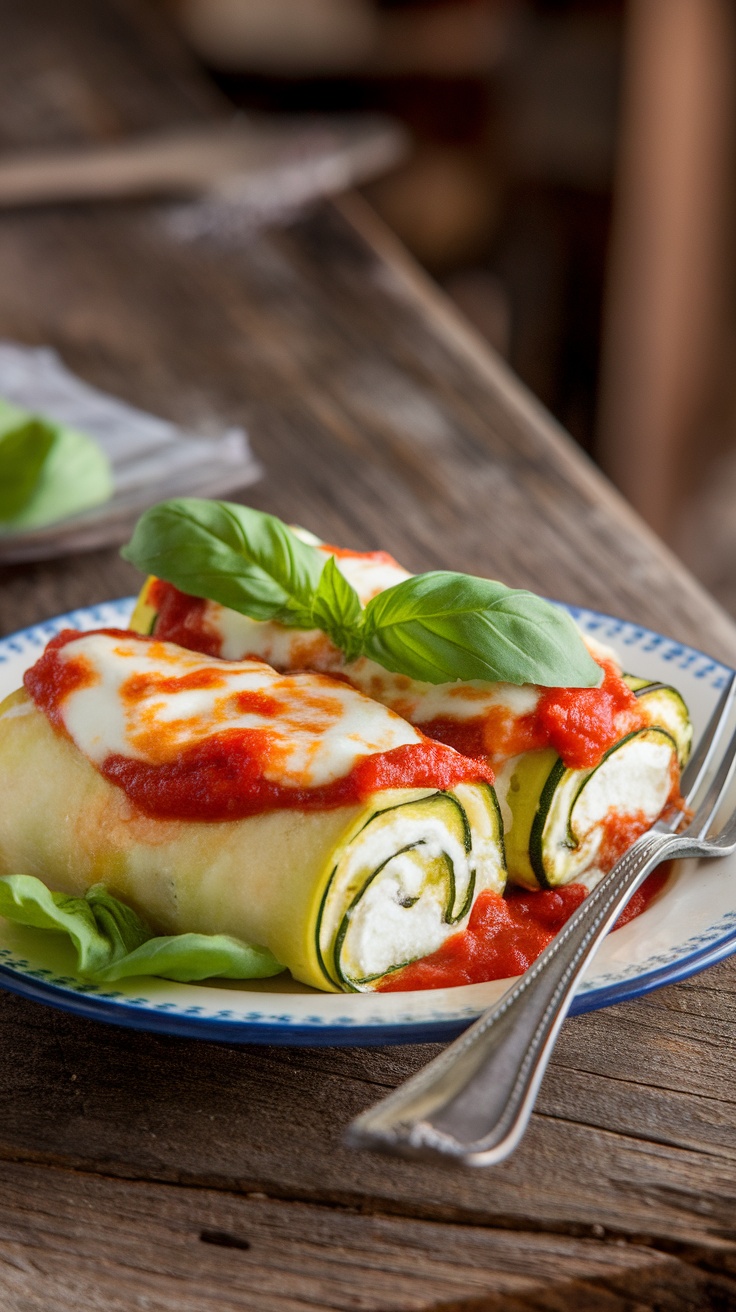 Zucchini Roll-Ups filled with ricotta and topped with marinara sauce and cheese, garnished with basil.